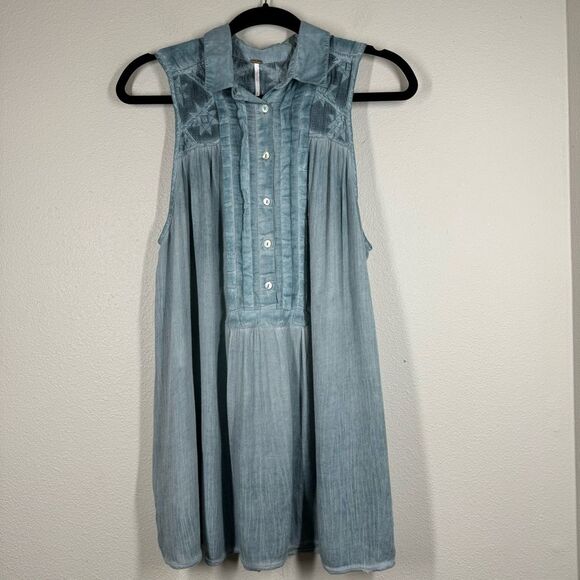 Free People Gauzy Blue Embroidered 1/2 Button Front Collared Tunic Top Medium - Picture 1 of 8